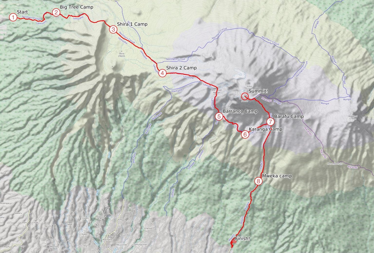 Lemosho Route Map on Kilimanjaro